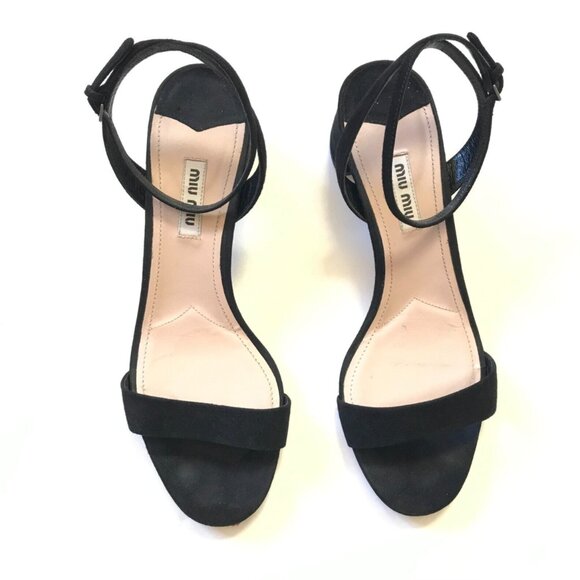 Miu Miu Ankle Wrap Strap Sandals Womens 38 8 Black Suede Shoes Block Heels Italy - Picture 4 of 11